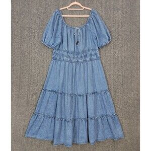 Speed Limit Dress Womens 3X Blue Chambray Puff Sleeve Tiered Peasant Cottagecore